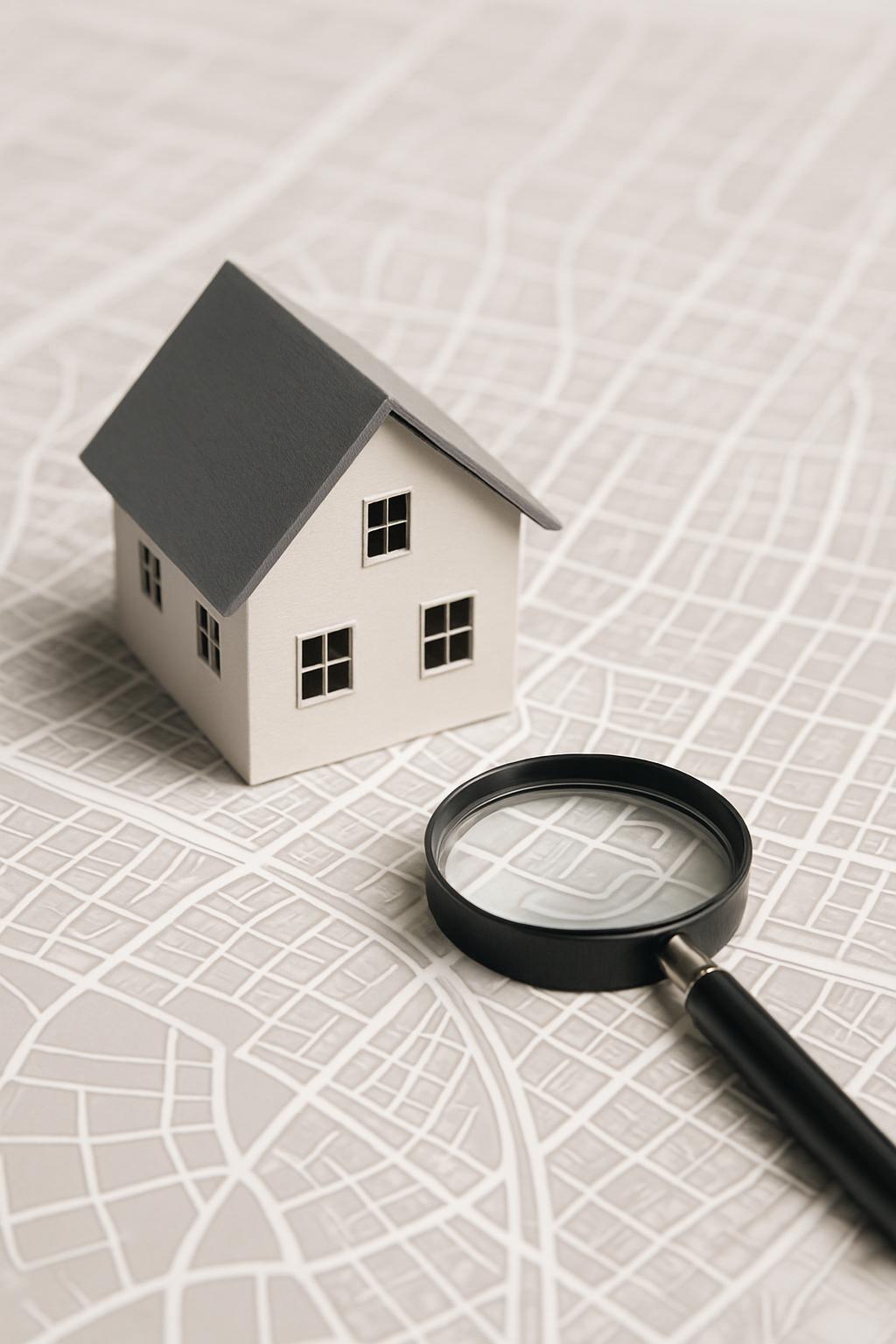 This image depicts a magnifying glass placed beside a model house within a city map, implying assessment of the property.