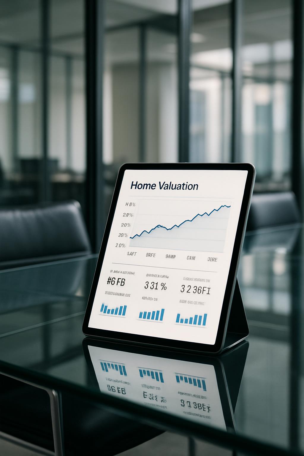 Graphical representation of home valuation information on a tablet screen, set against an office environment with glass wa...