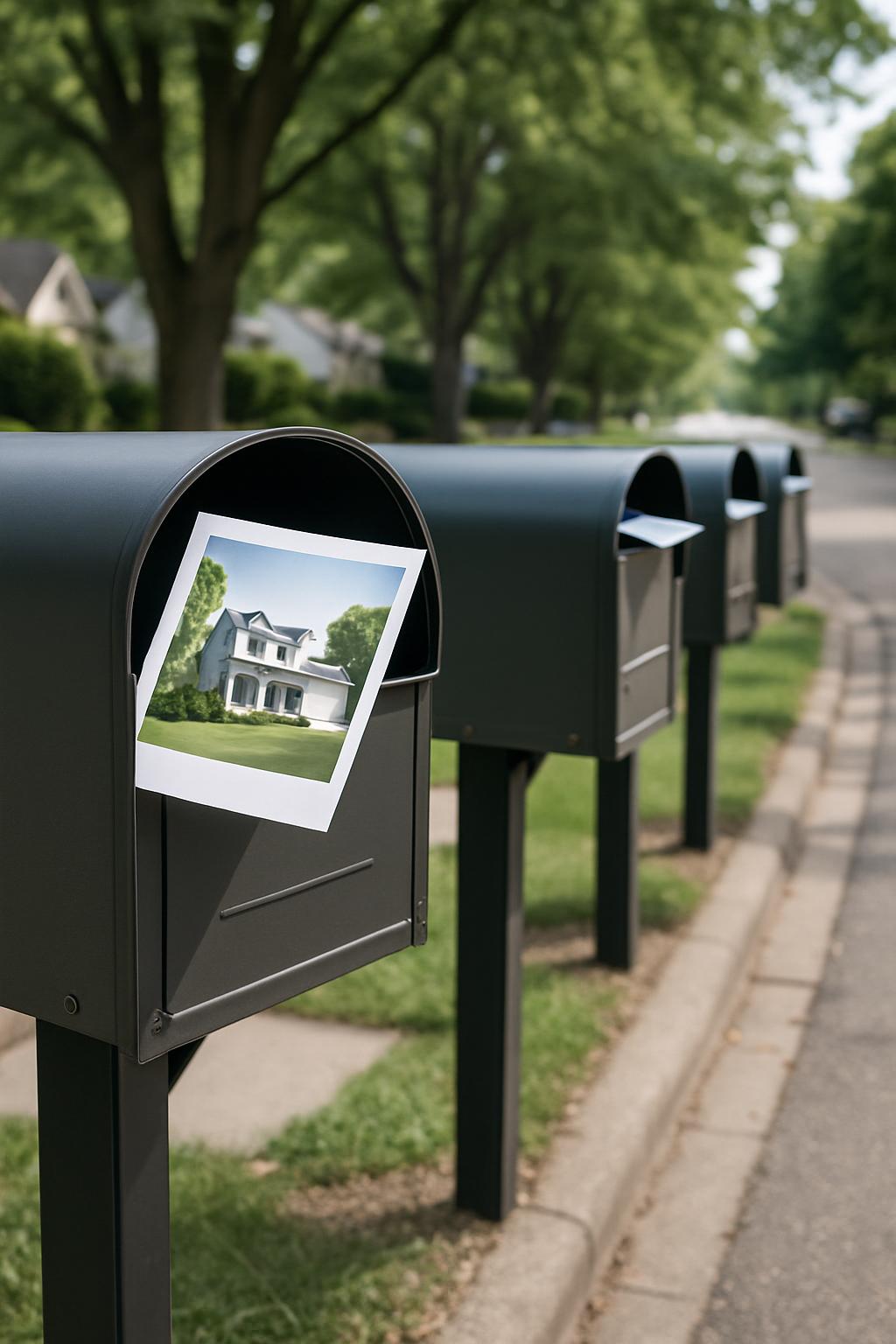 A row of mailboxes on a suburban street, one featuring a photo of a house.