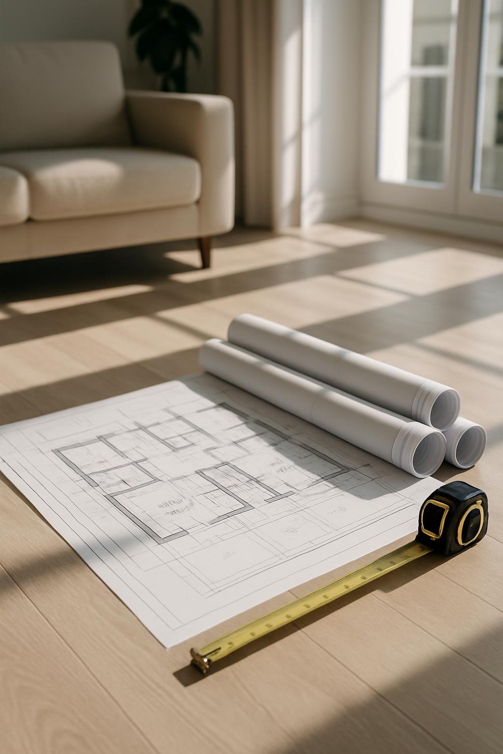 The image shows architectural plans for a floor plan on the floor with a tape measure, in a room with a chair and glass pa...